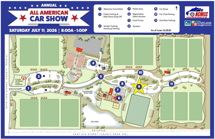 Map of the All American Car Show at Loveland Sports Park — Saturday July 11, 2026